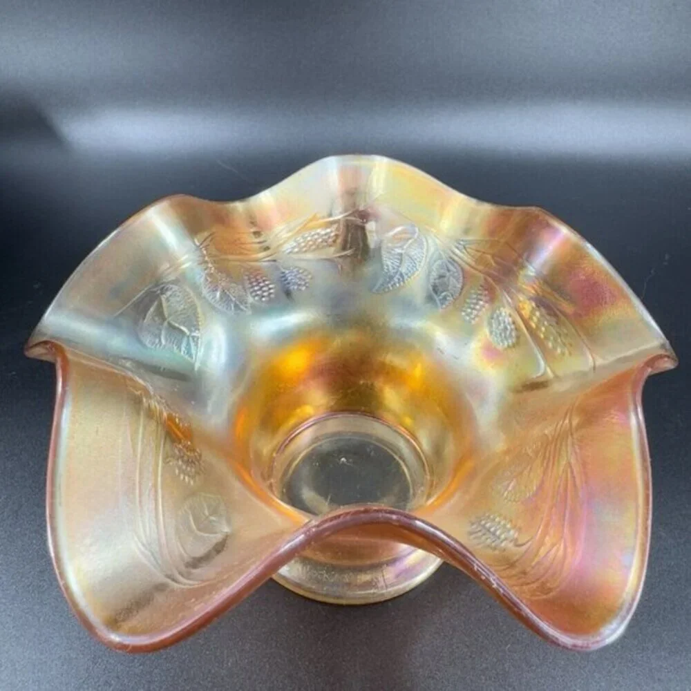 Antique Fenton Carnival Glass Blackberry‎ Spray Iridescent Ruffled Hat Bowl Dish